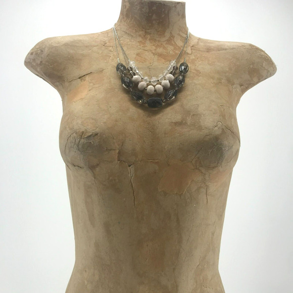 Ann Taylor Loft Three Strand Beaded Necklace Clear White Smokey Silver - Picture 2 of 9